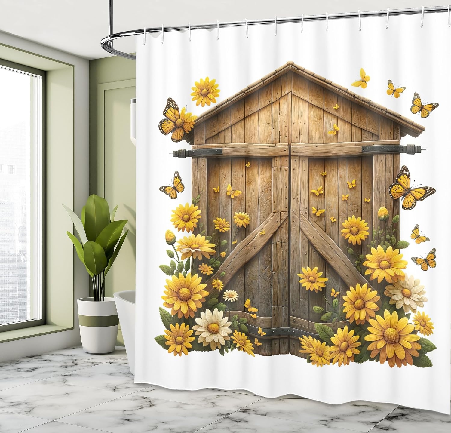 image:imageAmbesonne Rustic Shower Curtain Cottagecore Sunflowers and Butterflies on Pale Tan Wooden Look Background Cloth Fabric Bathroom Decor Set with Hooks 69 W x 70 L Dark Green and YellowEarth Yellow and Cocoa