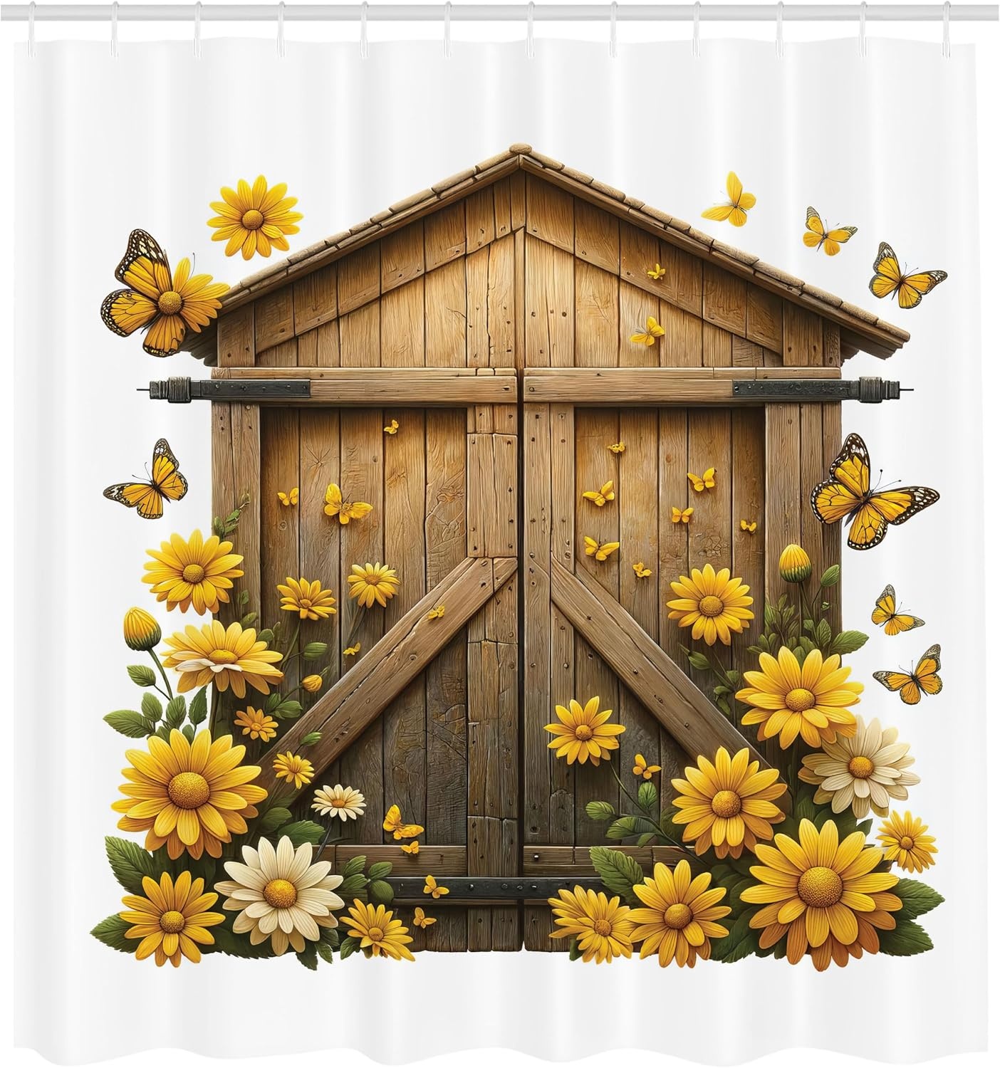 image:imageAmbesonne Rustic Shower Curtain Cottagecore Sunflowers and Butterflies on Pale Tan Wooden Look Background Cloth Fabric Bathroom Decor Set with Hooks 69 W x 70 L Dark Green and YellowEarth Yellow and Cocoa