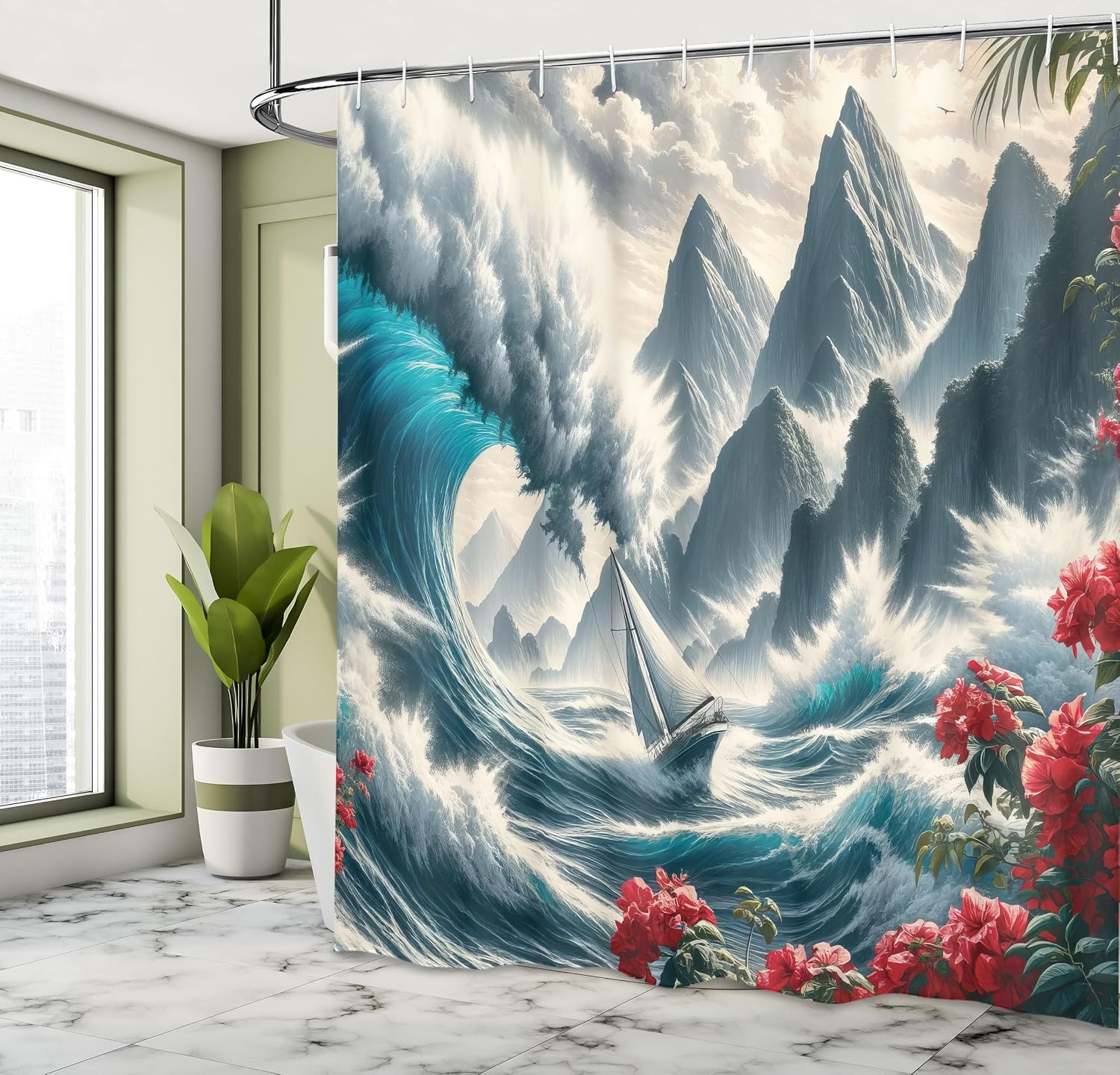 image:imageAmbesonne Rustic Shower Curtain Cottagecore Sunflowers and Butterflies on Pale Tan Wooden Look Background Cloth Fabric Bathroom Decor Set with Hooks 69 W x 70 L Dark Green and YellowCadet Blue and Dark Pink