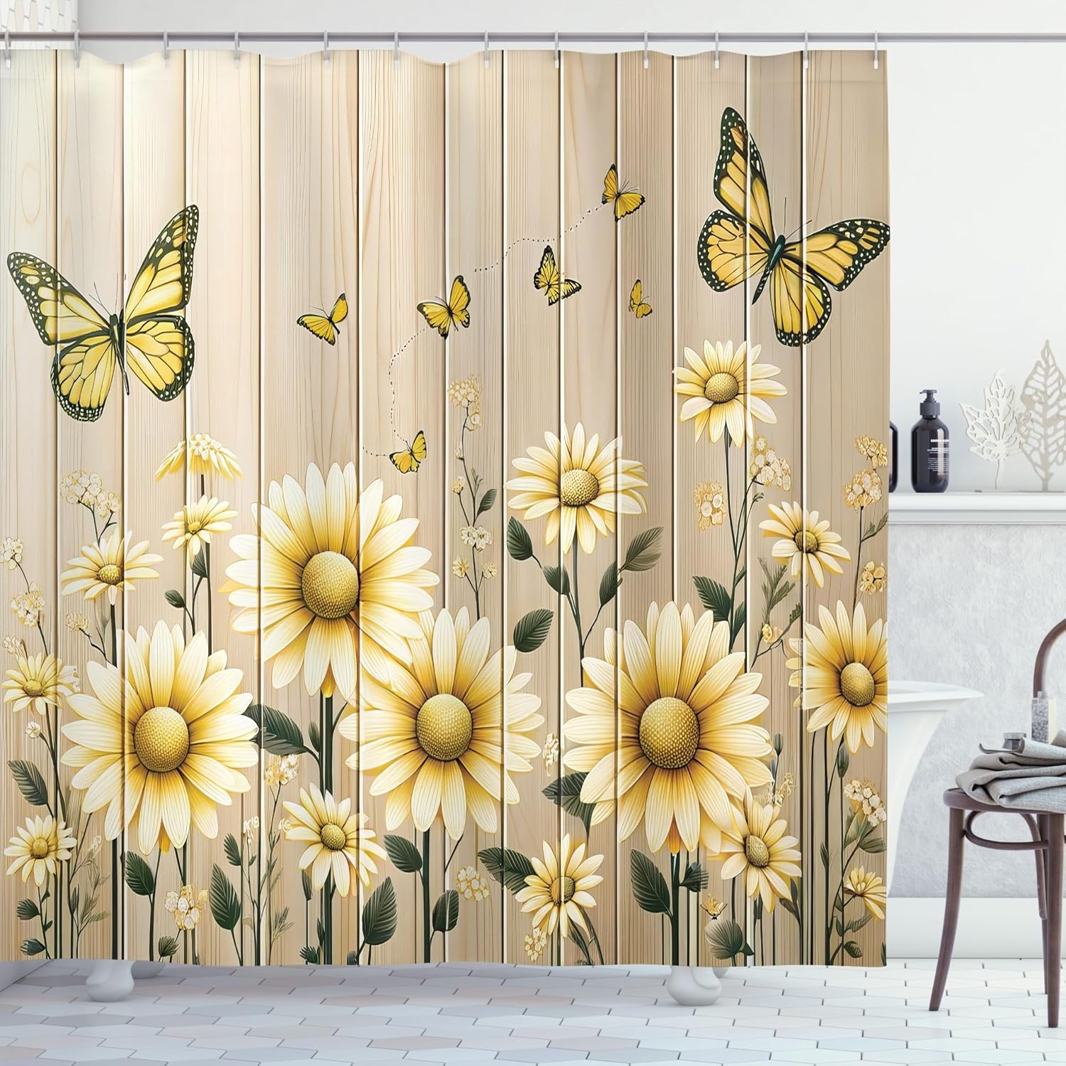 image:imageAmbesonne Rustic Shower Curtain Cottagecore Sunflowers and Butterflies on Pale Tan Wooden Look Background Cloth Fabric Bathroom Decor Set with Hooks 69 W x 70 L Dark Green and YellowDark Green and Yellow