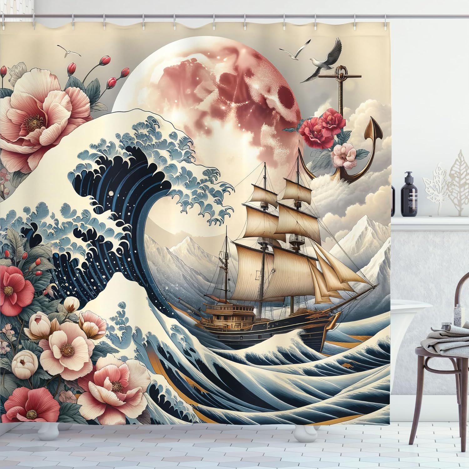 image:imageAmbesonne Rustic Shower Curtain Cottagecore Sunflowers and Butterflies on Pale Tan Wooden Look Background Cloth Fabric Bathroom Decor Set with Hooks 69 W x 70 L Dark Green and YellowBlue Pink Eggshell