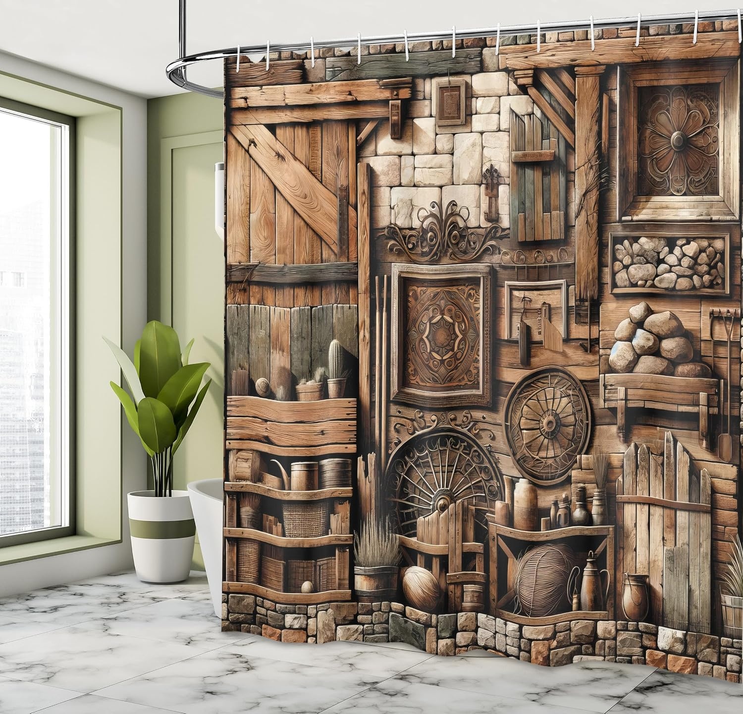 image:imageAmbesonne Rustic Shower Curtain Cottagecore Sunflowers and Butterflies on Pale Tan Wooden Look Background Cloth Fabric Bathroom Decor Set with Hooks 69 W x 70 L Dark Green and YellowGrey Teal Brown