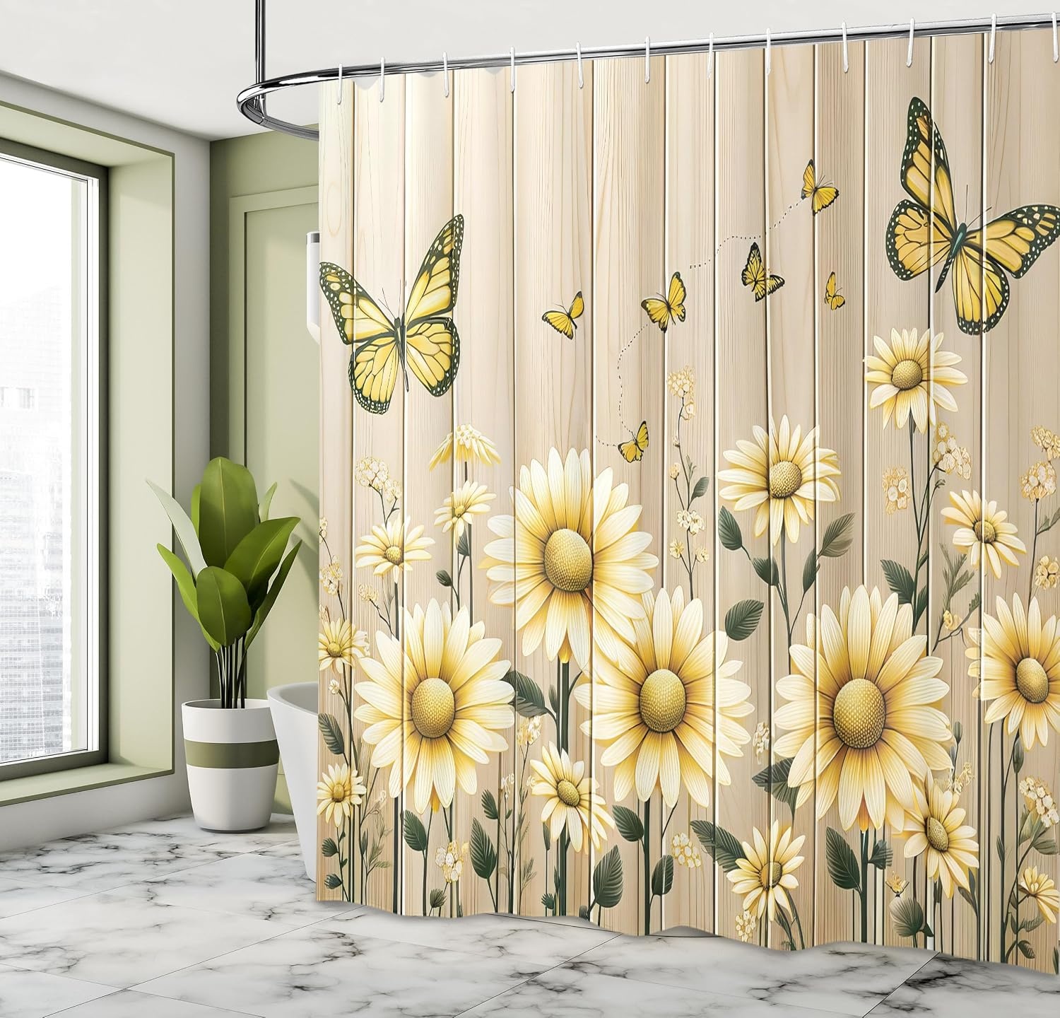 image:imageAmbesonne Rustic Shower Curtain Cottagecore Sunflowers and Butterflies on Pale Tan Wooden Look Background Cloth Fabric Bathroom Decor Set with Hooks 69 W x 70 L Dark Green and YellowDark Green and Yellow