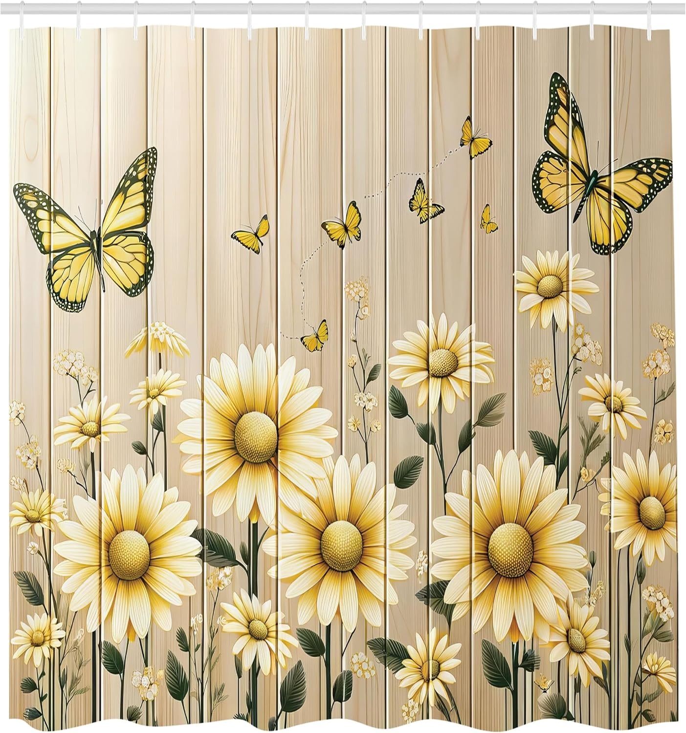 image:imageAmbesonne Rustic Shower Curtain Cottagecore Sunflowers and Butterflies on Pale Tan Wooden Look Background Cloth Fabric Bathroom Decor Set with Hooks 69 W x 70 L Dark Green and YellowDark Green and Yellow