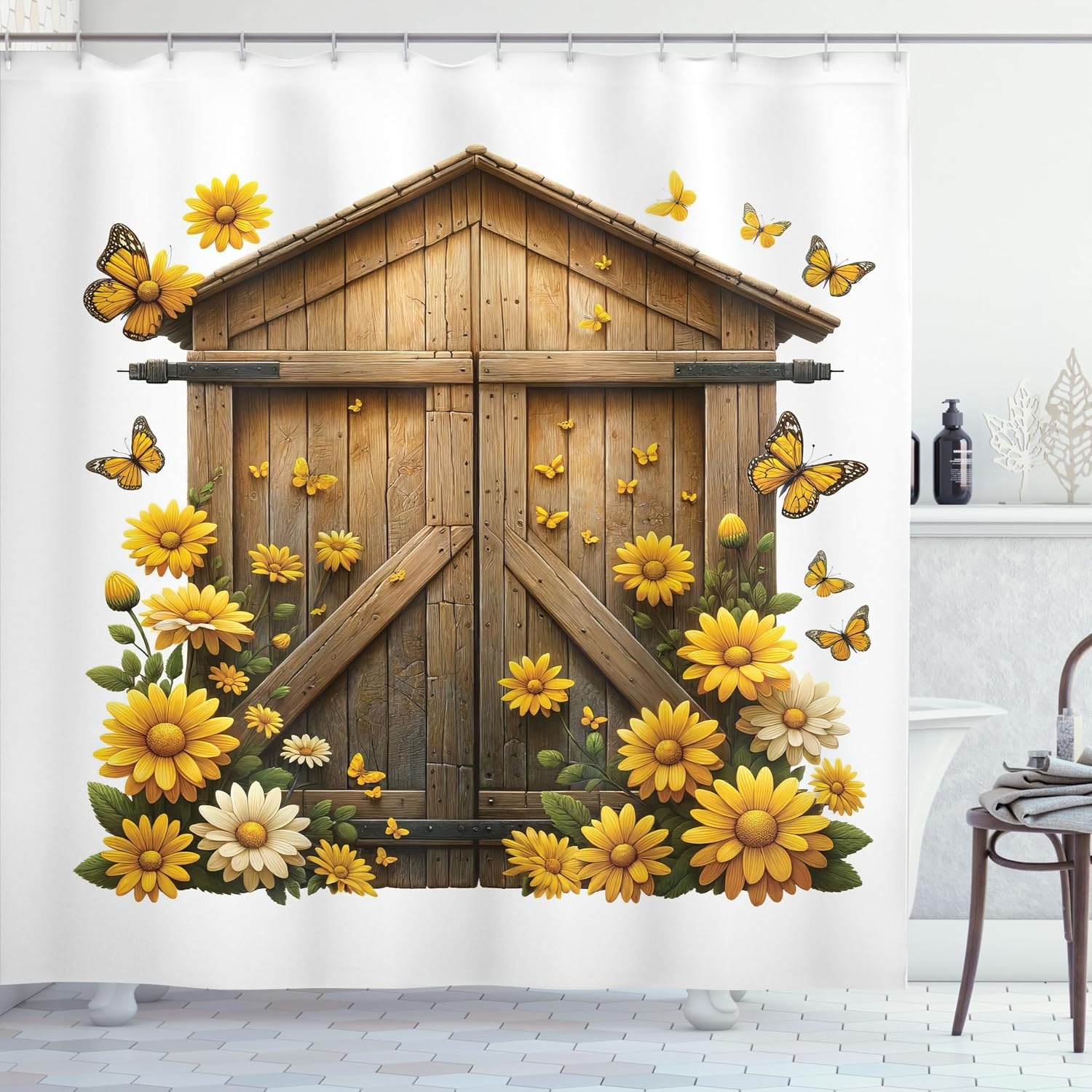 image:imageAmbesonne Rustic Shower Curtain Cottagecore Sunflowers and Butterflies on Pale Tan Wooden Look Background Cloth Fabric Bathroom Decor Set with Hooks 69 W x 70 L Dark Green and YellowEarth Yellow and Cocoa