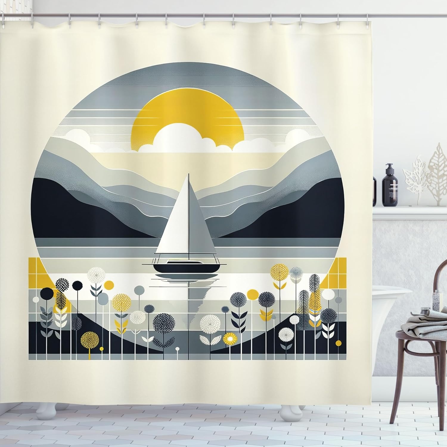 image:imageAmbesonne Rustic Shower Curtain Cottagecore Sunflowers and Butterflies on Pale Tan Wooden Look Background Cloth Fabric Bathroom Decor Set with Hooks 69 W x 70 L Dark Green and YellowBlue Grey and Earth Yellow