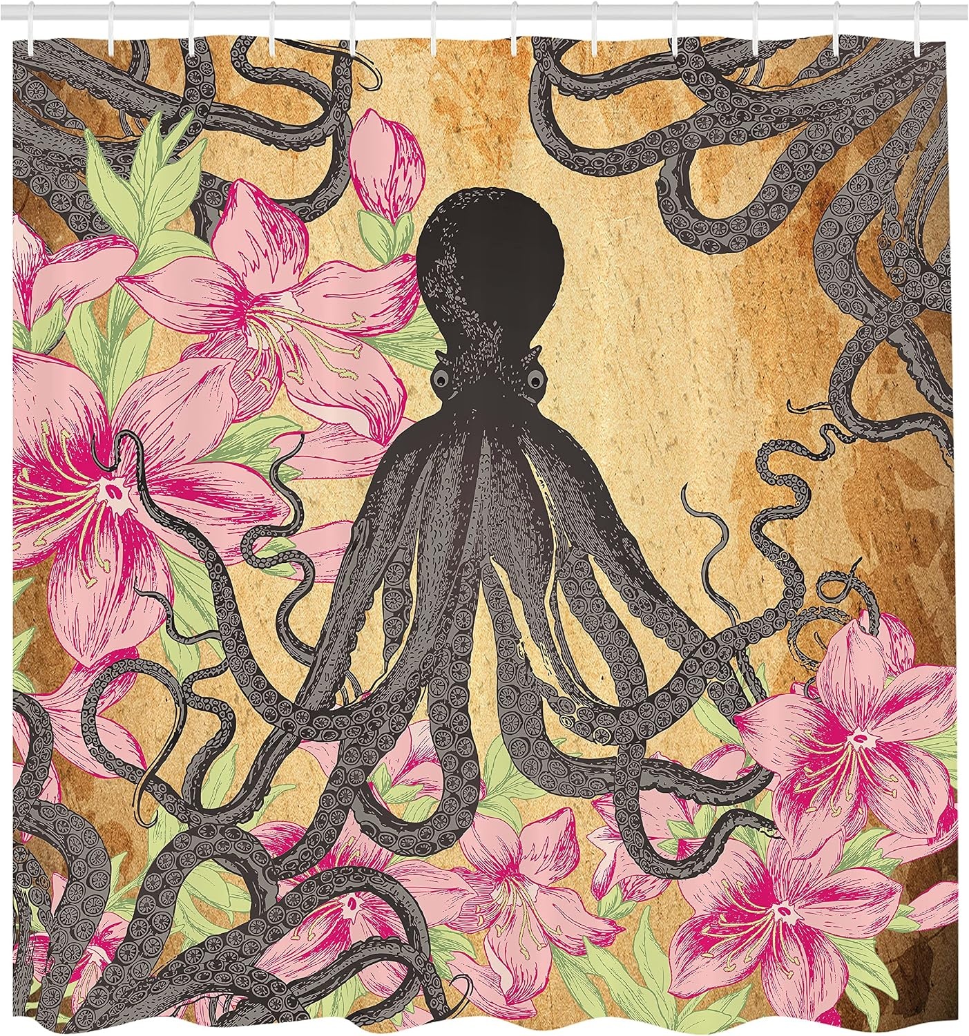 image:imageAmbesonne Octopus Shower Curtain Kraken Roses Leaves Tentacles Vintage Antiqued Sea Life Theme Cloth Fabric Bathroom Decor Set with Hooks 69 W x 75 L Pale Brown PinkPale Brown Pink