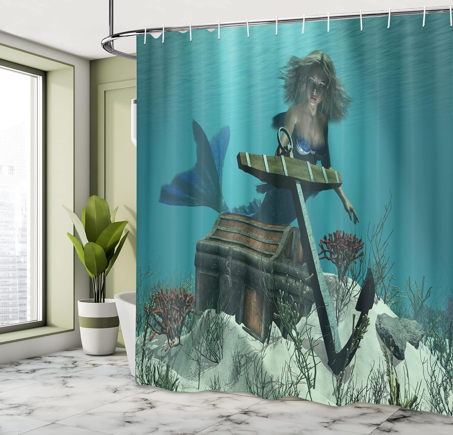 image:imageAmbesonne Octopus Shower Curtain Kraken Roses Leaves Tentacles Vintage Antiqued Sea Life Theme Cloth Fabric Bathroom Decor Set with Hooks 69 W x 75 L Pale Brown PinkAzure Blue Brown Cream