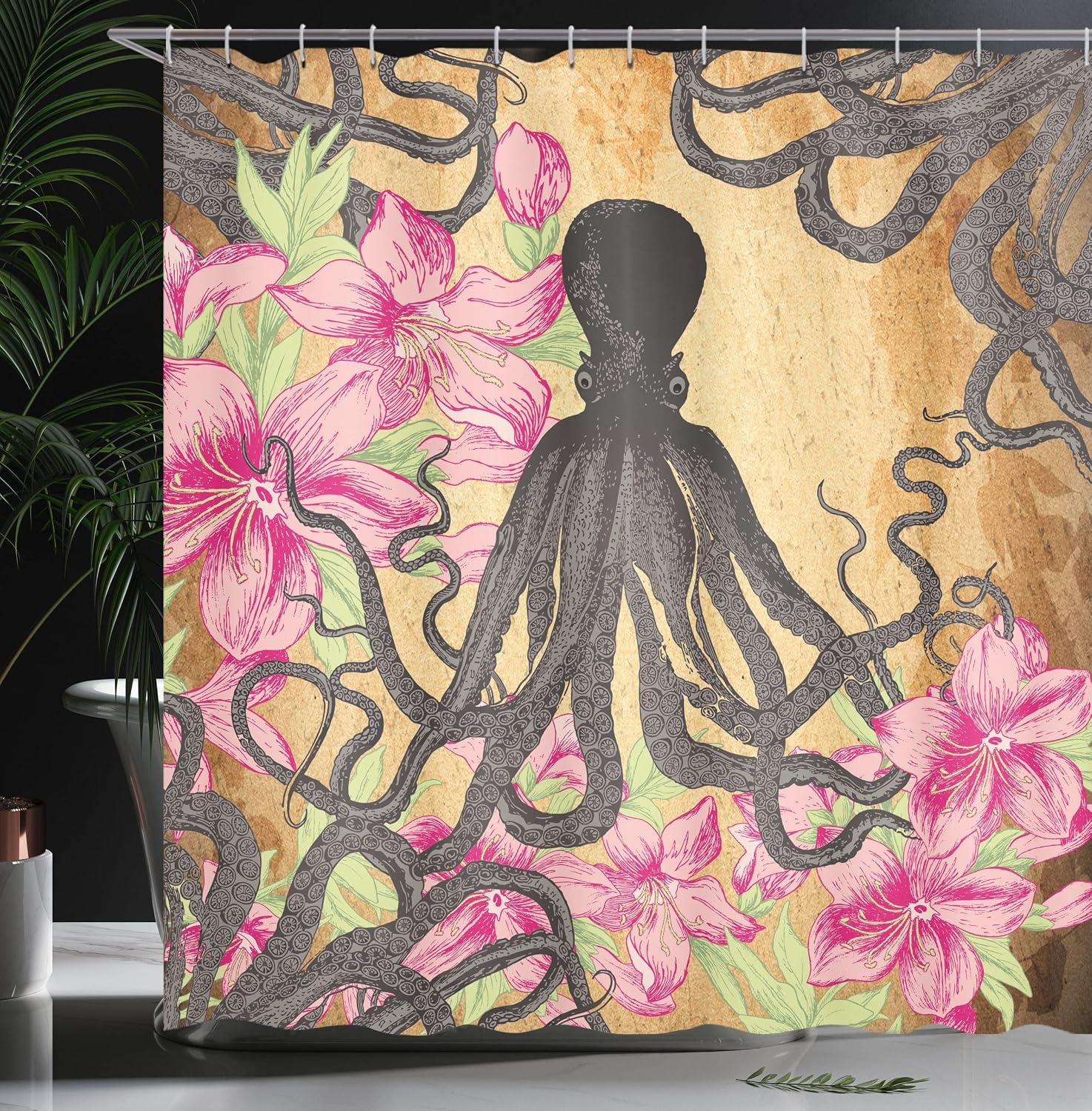 image:imageAmbesonne Octopus Shower Curtain Kraken Roses Leaves Tentacles Vintage Antiqued Sea Life Theme Cloth Fabric Bathroom Decor Set with Hooks 69 W x 75 L Pale Brown PinkPale Brown Pink