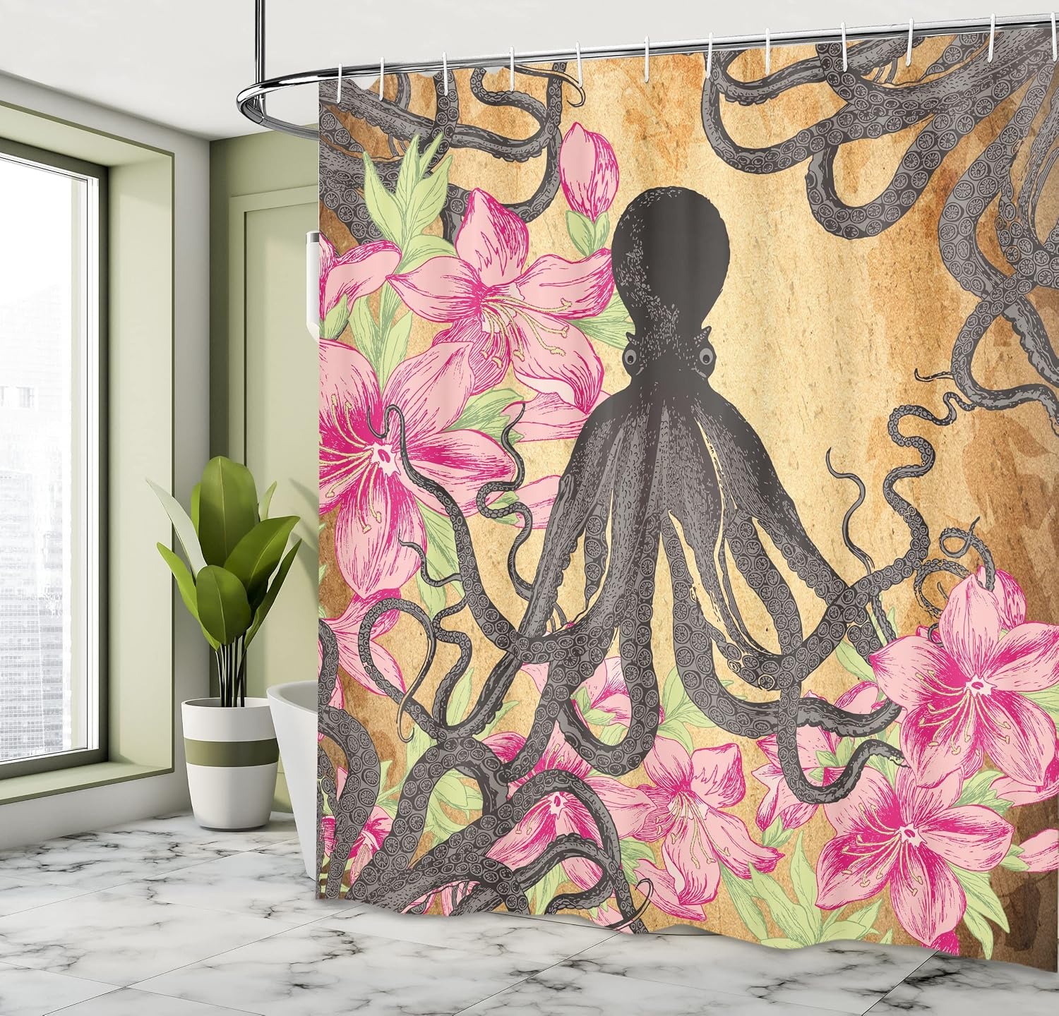 image:imageAmbesonne Octopus Shower Curtain Kraken Roses Leaves Tentacles Vintage Antiqued Sea Life Theme Cloth Fabric Bathroom Decor Set with Hooks 69 W x 75 L Pale Brown PinkPale Brown Pink