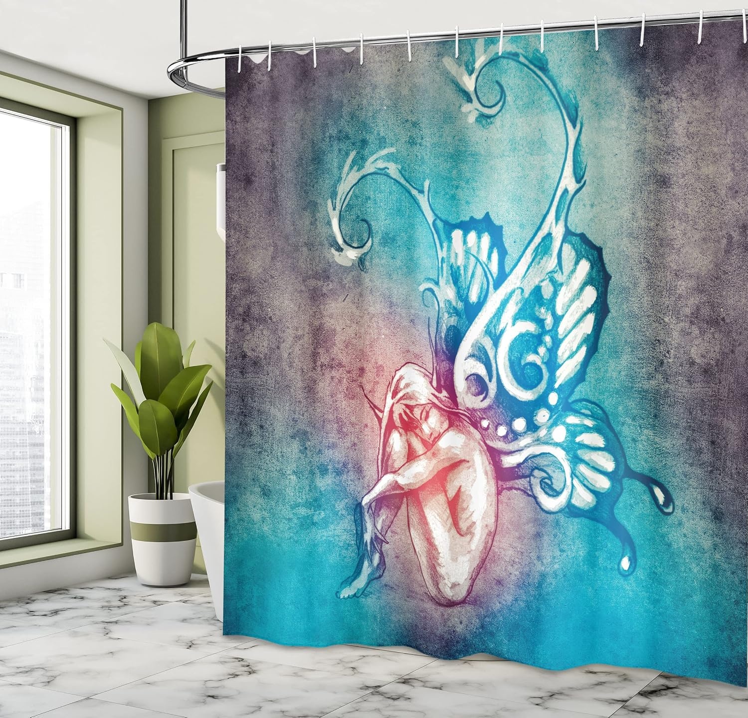 image:imageAmbesonne Octopus Shower Curtain Kraken Roses Leaves Tentacles Vintage Antiqued Sea Life Theme Cloth Fabric Bathroom Decor Set with Hooks 69 W x 75 L Pale Brown PinkBlue and Purple