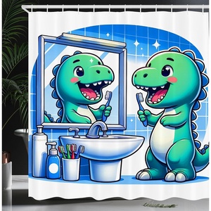 image:imageAmbesonne Funny Shower Curtain Happy Dinosaur Looking at The Mirror After Brushing Its Teeth Cartoon Cloth Fabric Bathroom Decor Set with Hooks 69 W x 70 L Shamrock Green and BlueShamrock Green and Blue