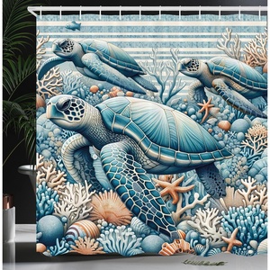 image:imageAmbesonne Turtle Shower Curtain Underwater Corals and Loggerheads Sea Animals on Stripes Nautical Marine Cloth Fabric Bathroom Decor Set with Hooks 69 W x 70 L Salmon and Sea BlueSalmon and Sea Blue
