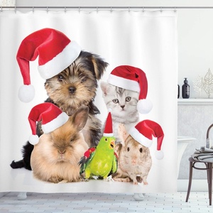 image:imageAmbesonne Christmas Shower Curtain Xmas Crew Cat Dog Bird Mouse and Rabbit Bunny with Santa Hats Grumpy Pets Picture Cloth Fabric Bathroom Decor Set with Hooks 69 W x 70 L Red BrownRed Brown