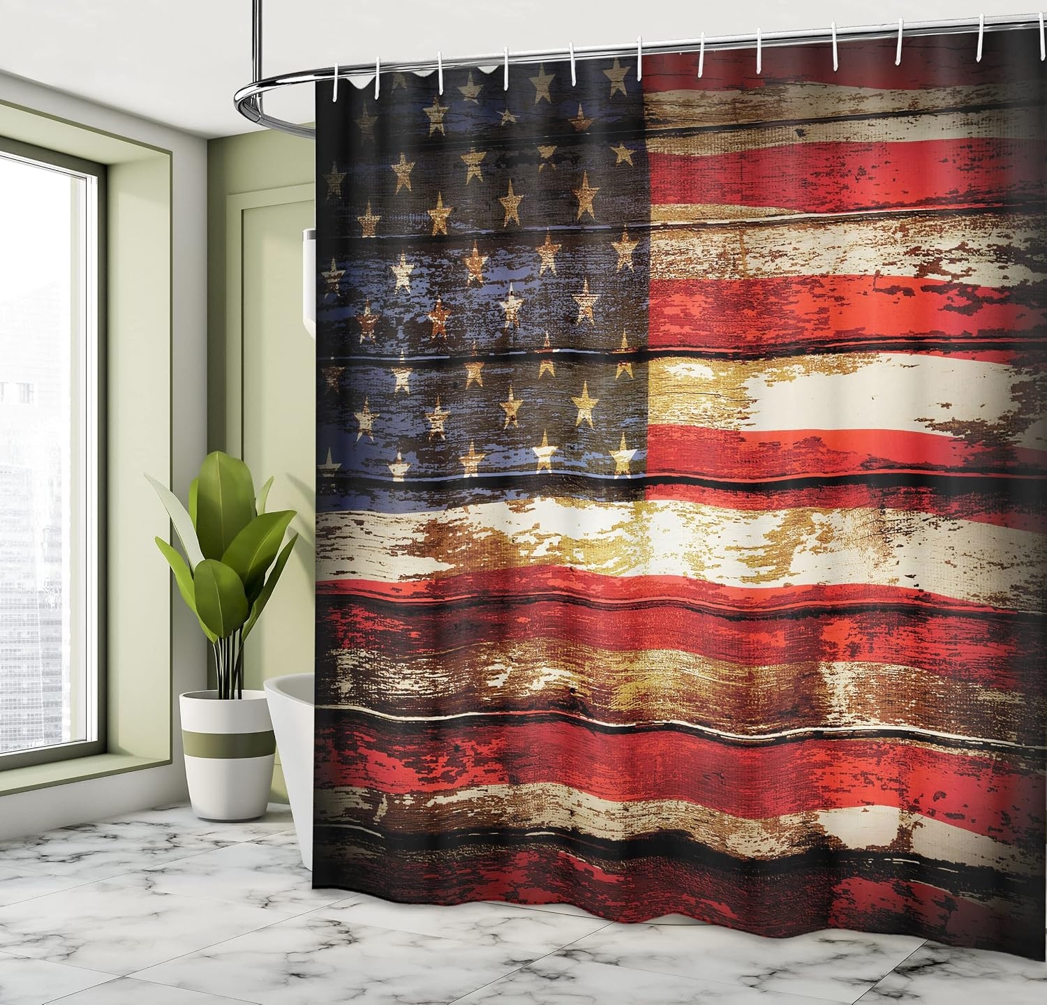 image:imageAmbesonne American Flag Shower Curtain Us Over Old Rusty Tones Weathered Vintage Social Plank Artwork Cloth Fabric Bathroom Decor Set with Hooks 69 W x 84 L Vermilion Violet Blue