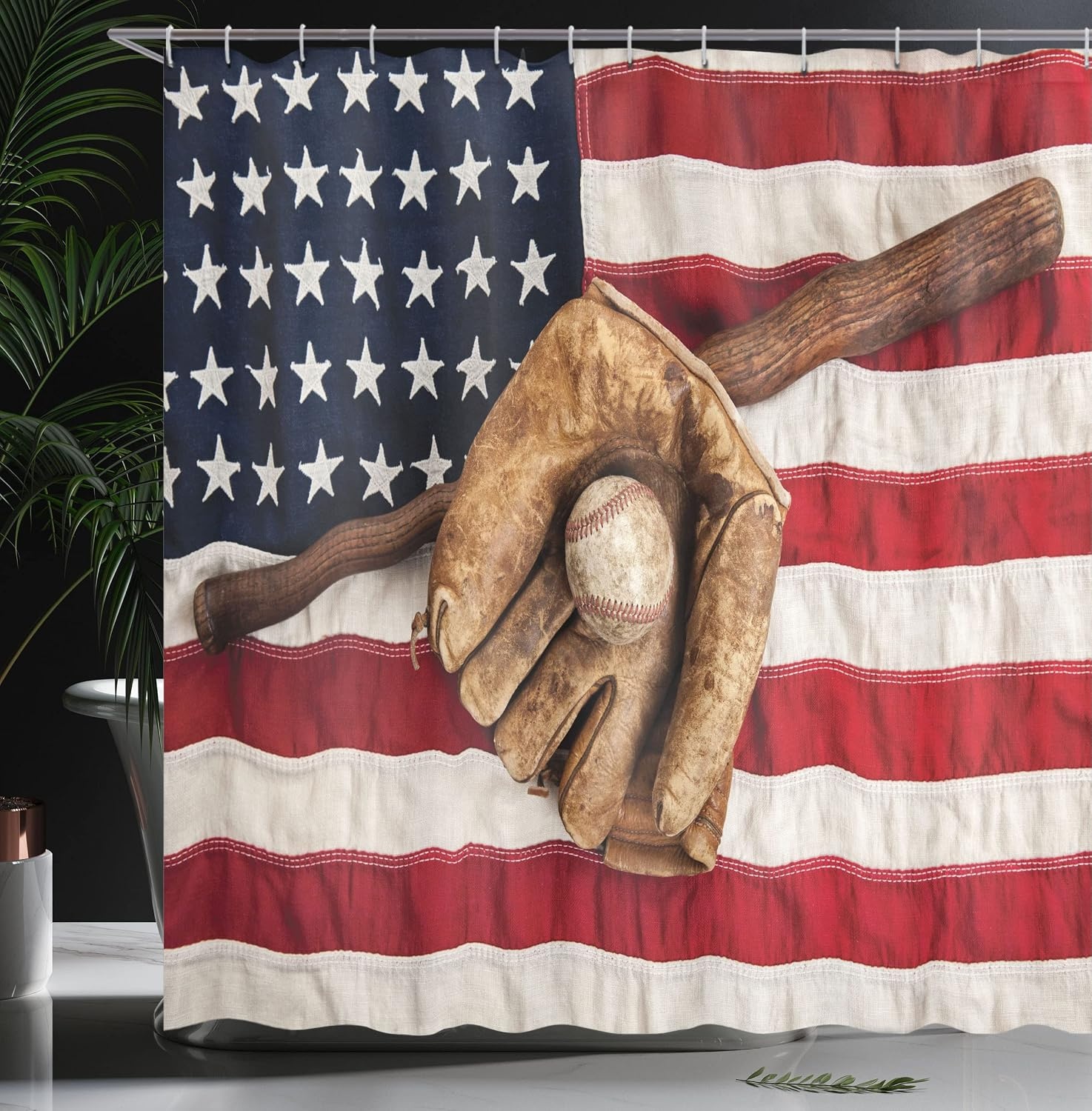 image:imageAmbesonne Baseball Shower Curtain Vintage Baseball League Equipment USA Grunge Glove Bat Fielding Sports Theme Cloth Fabric Bathroom Decor Set with Hooks 69 W x 70 L Brown Red Blue