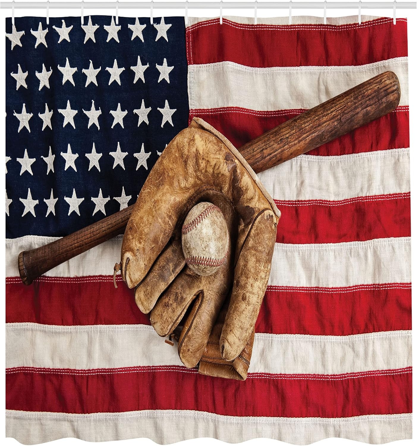image:imageAmbesonne Baseball Shower Curtain Vintage Baseball League Equipment USA Grunge Glove Bat Fielding Sports Theme Cloth Fabric Bathroom Decor Set with Hooks 69 W x 70 L Brown Red Blue