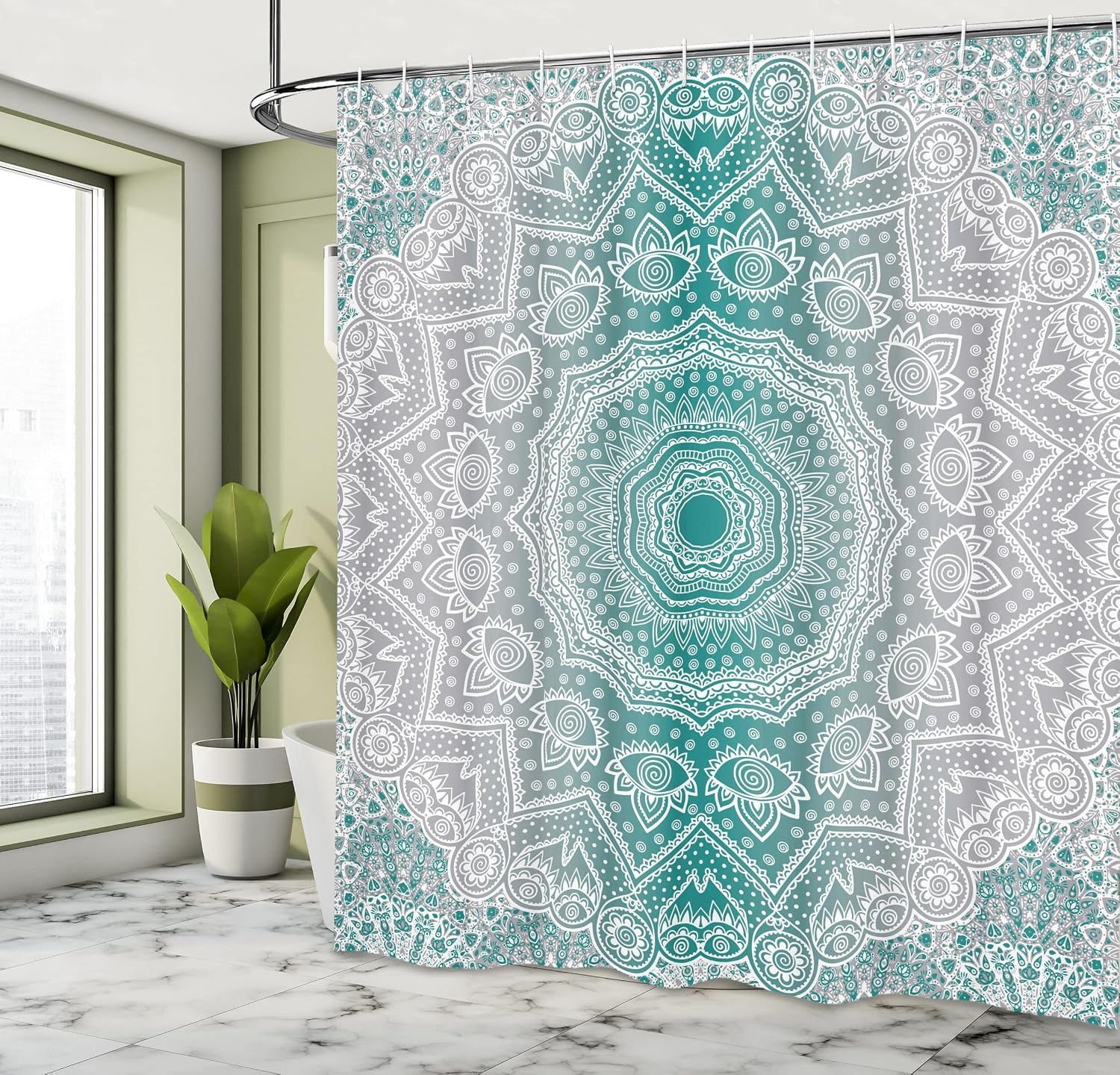 image:imageAmbesonne Grey and Teal Shower Curtain Mandala Ombre Colored Style Geometry Pattern with Flower Lines Display Art Cloth Fabric Bathroom Decor Set with Hooks 69 W x 75 L Teal and GreyTeal and Grey