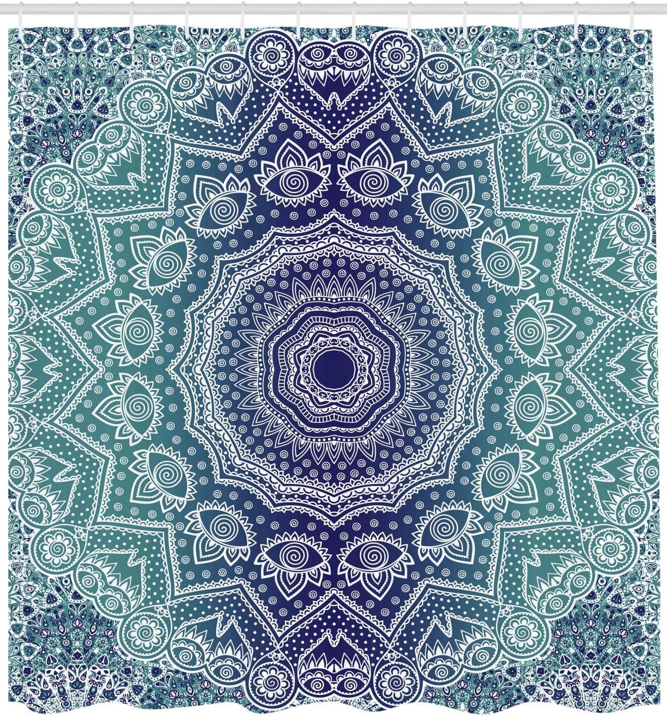 image:imageAmbesonne Grey and Teal Shower Curtain Mandala Ombre Colored Style Geometry Pattern with Flower Lines Display Art Cloth Fabric Bathroom Decor Set with Hooks 69 W x 75 L Teal and GreyNight Blue