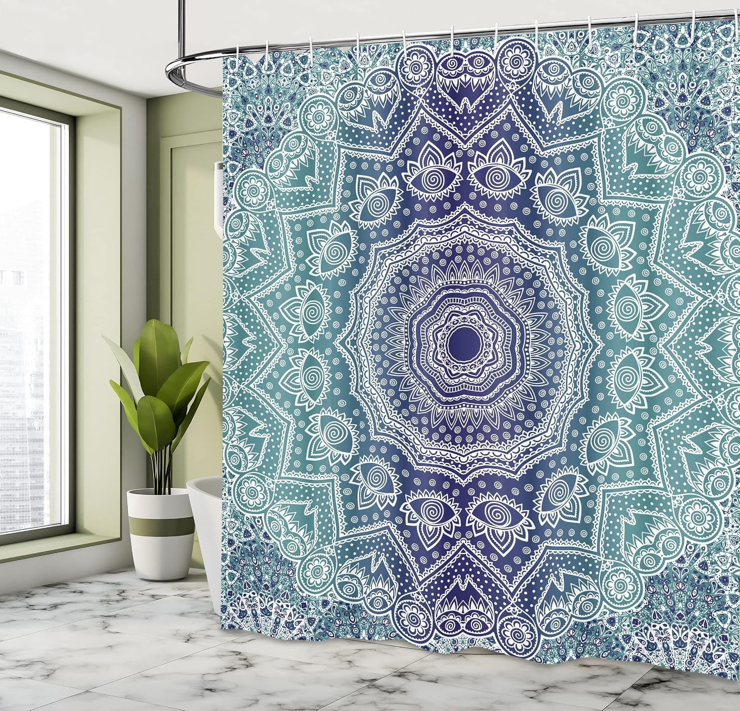 image:imageAmbesonne Grey and Teal Shower Curtain Mandala Ombre Colored Style Geometry Pattern with Flower Lines Display Art Cloth Fabric Bathroom Decor Set with Hooks 69 W x 75 L Teal and GreyNight Blue