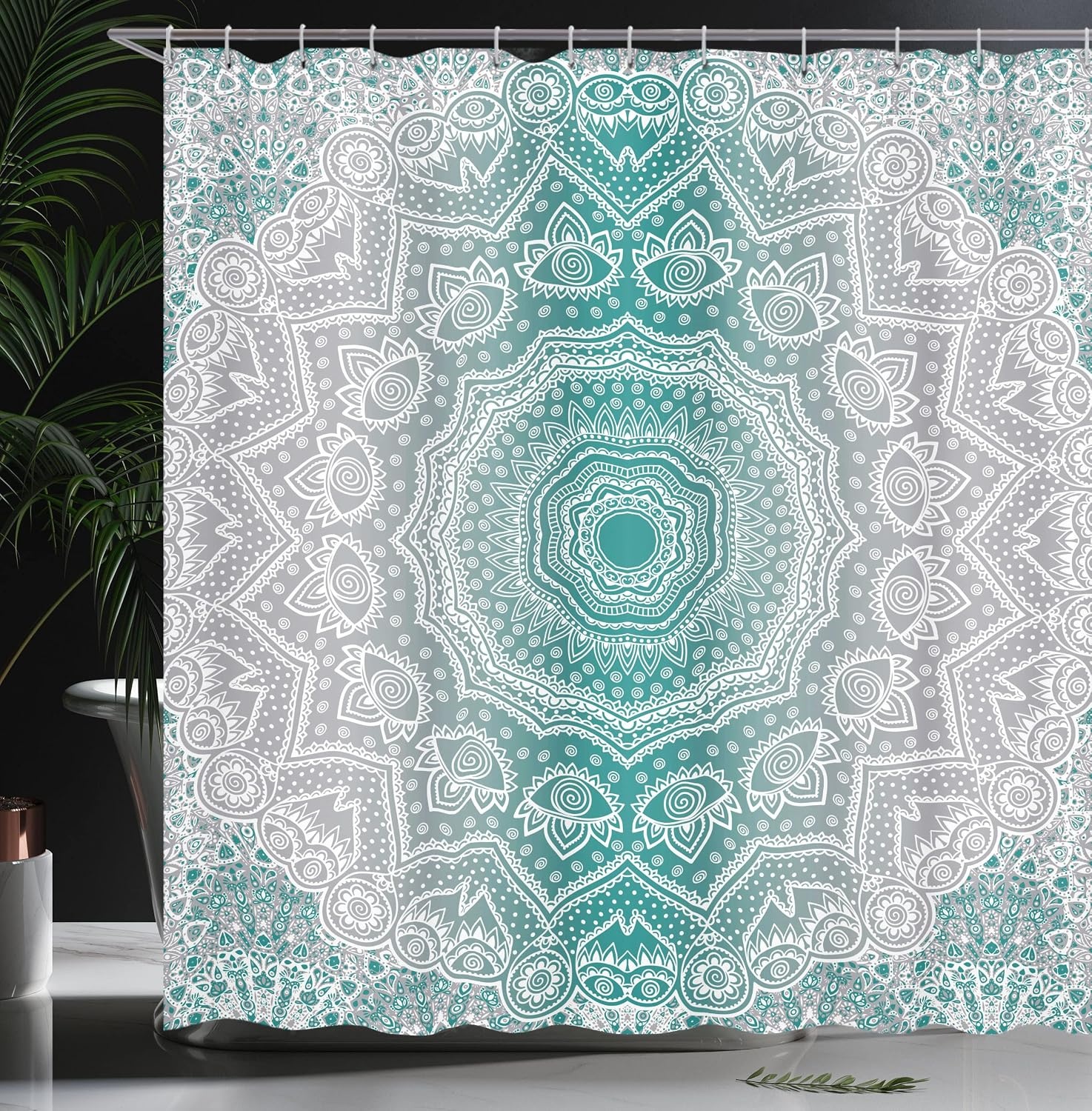 image:imageAmbesonne Grey and Teal Shower Curtain Mandala Ombre Colored Style Geometry Pattern with Flower Lines Display Art Cloth Fabric Bathroom Decor Set with Hooks 69 W x 75 L Teal and GreyTeal and Grey