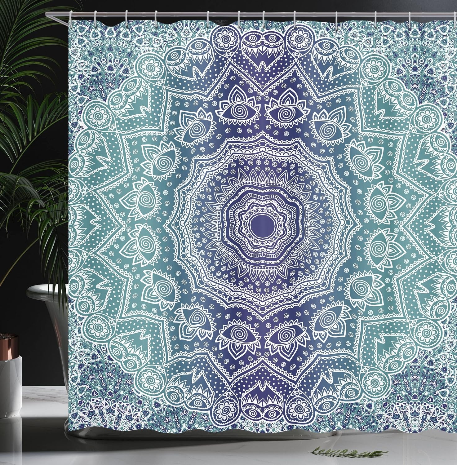 image:imageAmbesonne Grey and Teal Shower Curtain Mandala Ombre Colored Style Geometry Pattern with Flower Lines Display Art Cloth Fabric Bathroom Decor Set with Hooks 69 W x 75 L Teal and GreyNight Blue