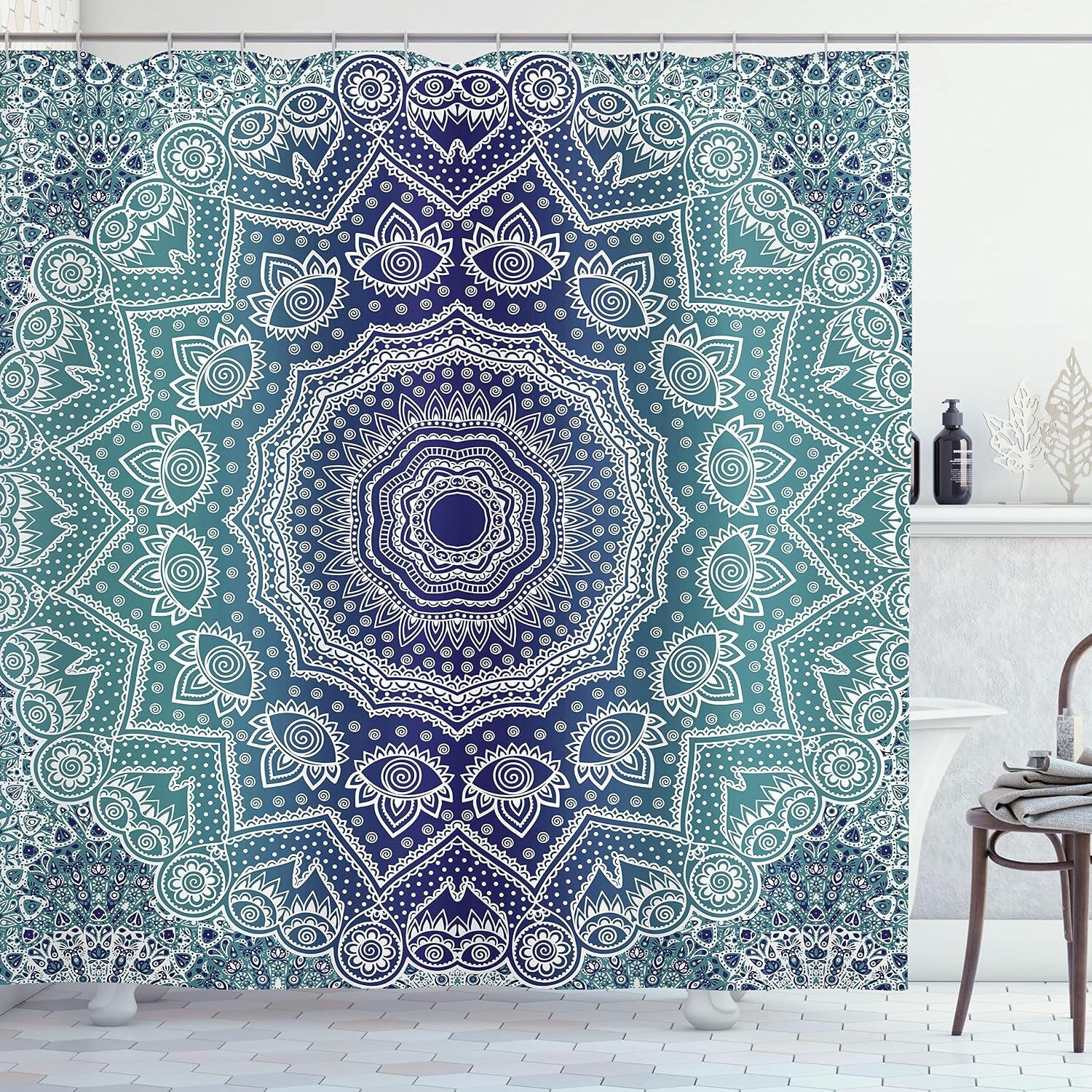 image:imageAmbesonne Grey and Teal Shower Curtain Mandala Ombre Colored Style Geometry Pattern with Flower Lines Display Art Cloth Fabric Bathroom Decor Set with Hooks 69 W x 75 L Teal and GreyNight Blue