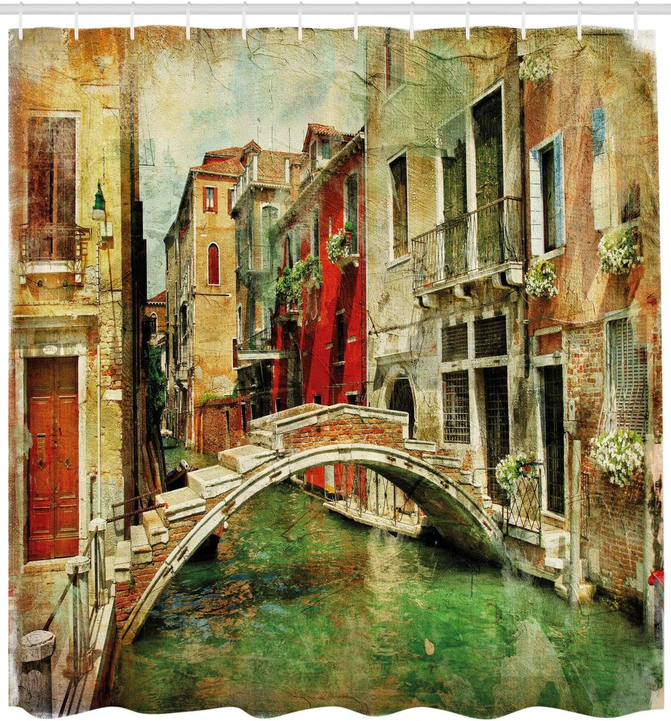 image:imageAmbesonne Venice Shower Curtain Vintage Art Painting Style Historic Venetian Landscape Print Cloth Fabric Bathroom Decor Set with Hooks 69 W x 84 L Green Red Pale Brown