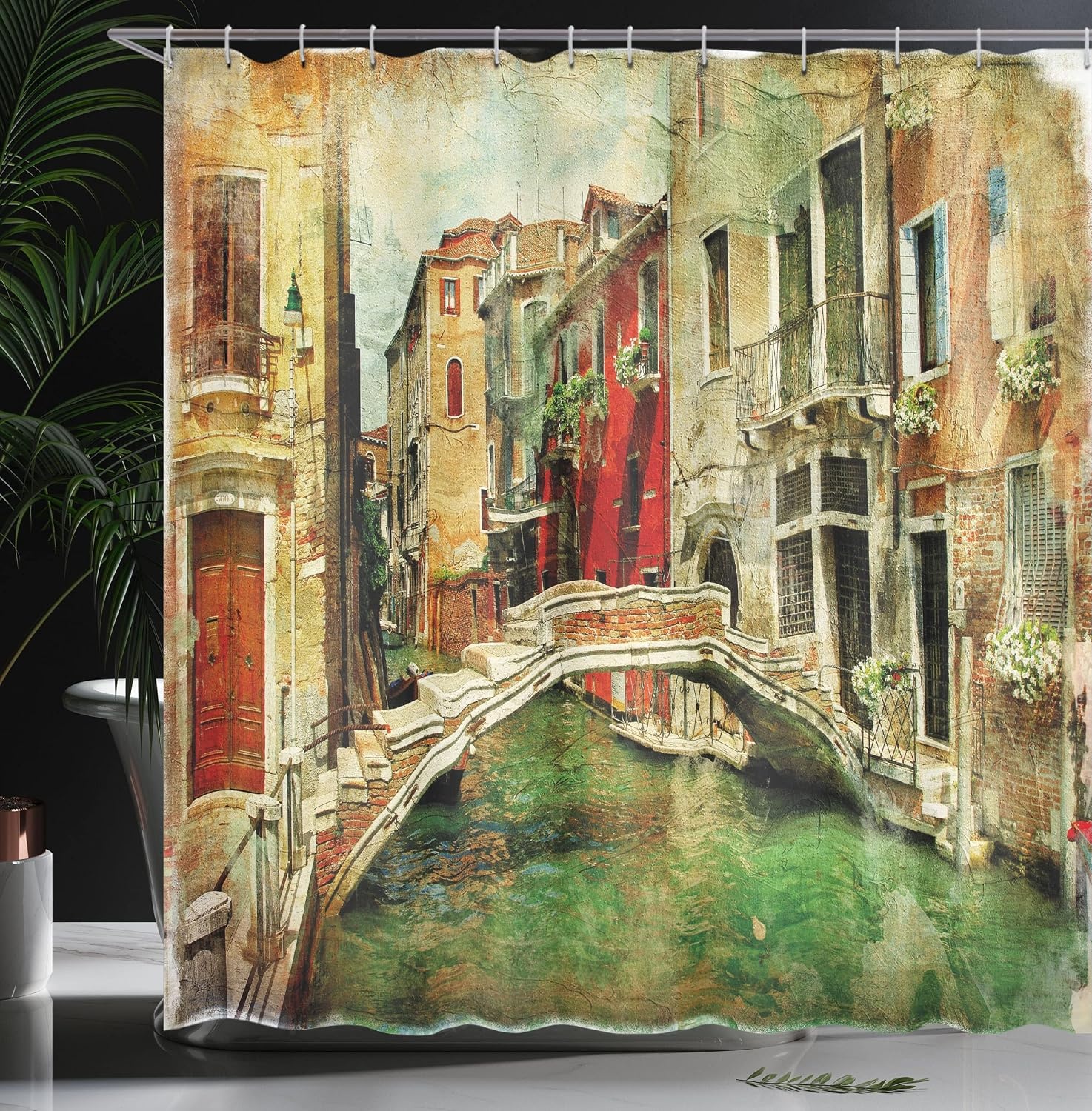 image:imageAmbesonne Venice Shower Curtain Vintage Art Painting Style Historic Venetian Landscape Print Cloth Fabric Bathroom Decor Set with Hooks 69 W x 84 L Green Red Pale Brown