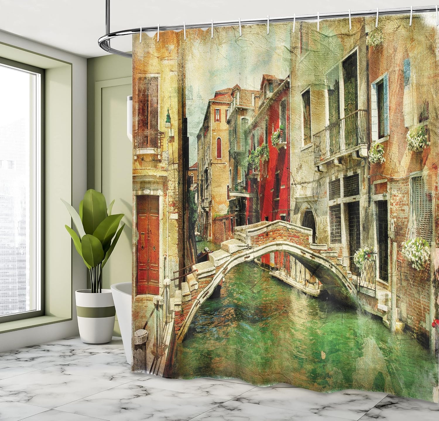 image:imageAmbesonne Venice Shower Curtain Vintage Art Painting Style Historic Venetian Landscape Print Cloth Fabric Bathroom Decor Set with Hooks 69 W x 84 L Green Red Pale Brown