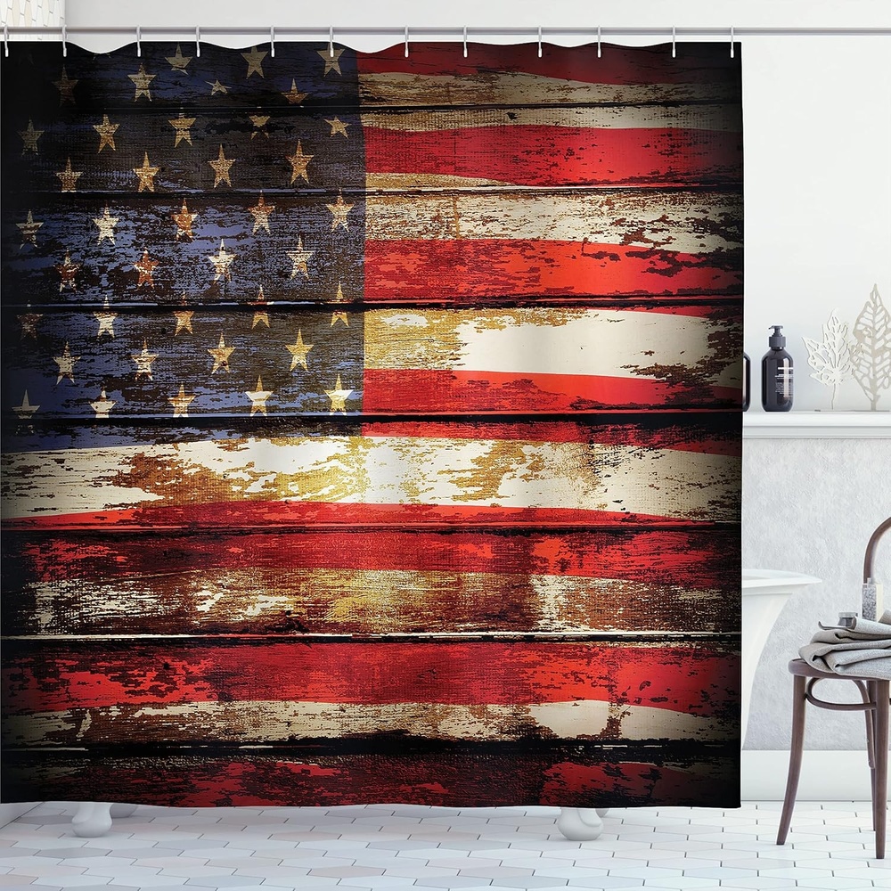 image:imageAmbesonne American Flag Shower Curtain Us Over Old Rusty Tones Weathered Vintage Social Plank Artwork Cloth Fabric Bathroom Decor Set with Hooks 69 W x 84 L Vermilion Violet Blue