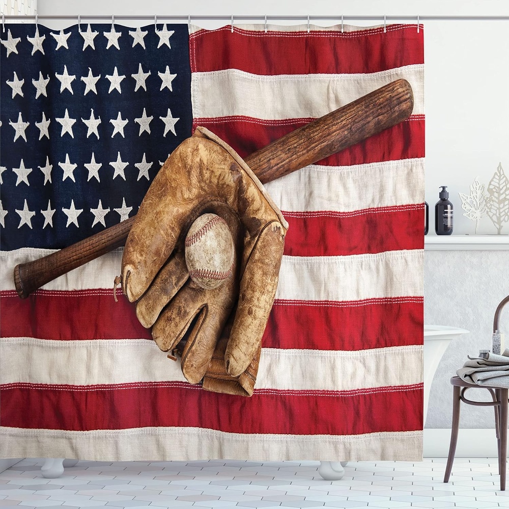 image:imageAmbesonne Baseball Shower Curtain Vintage Baseball League Equipment USA Grunge Glove Bat Fielding Sports Theme Cloth Fabric Bathroom Decor Set with Hooks 69 W x 70 L Brown Red Blue