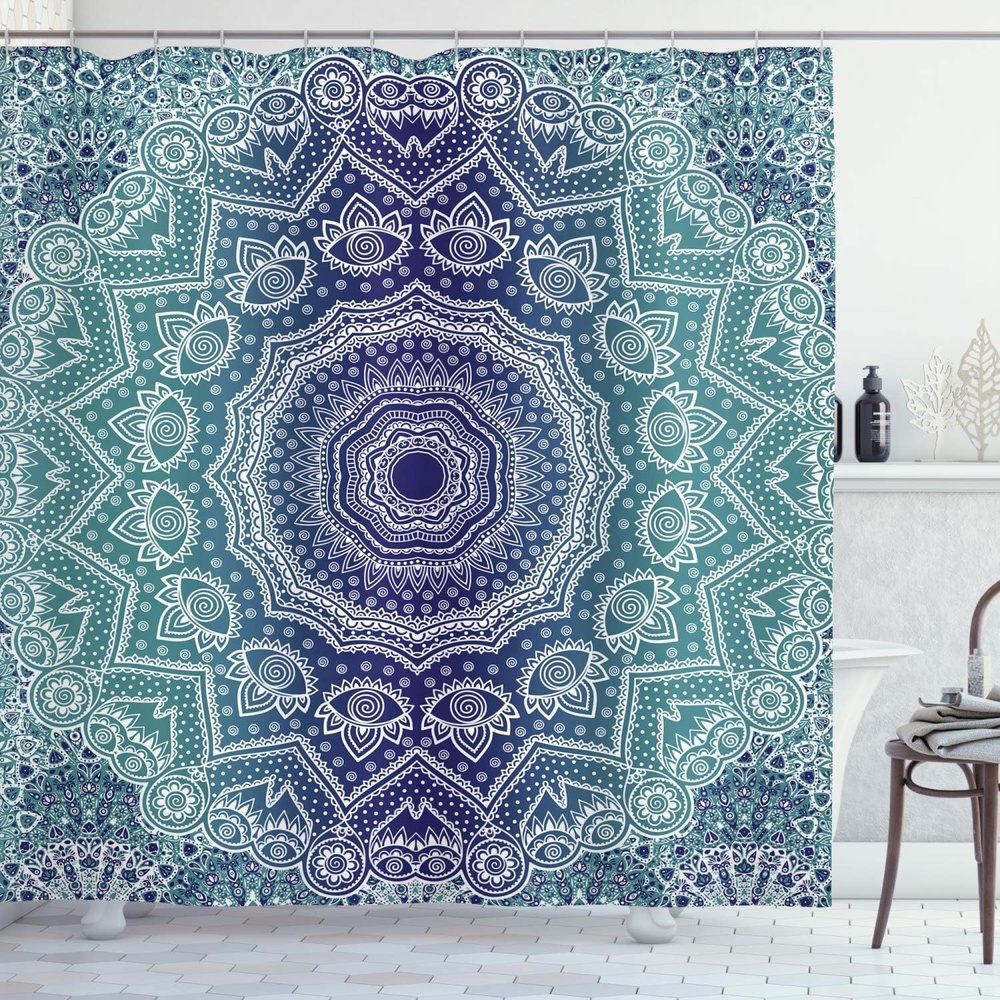image:imageAmbesonne Grey and Teal Shower Curtain Mandala Ombre Colored Style Geometry Pattern with Flower Lines Display Art Cloth Fabric Bathroom Decor Set with Hooks 69 W x 75 L Teal and GreyNight Blue