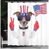 image:imageAmbesonne 4th of July Shower Curtain Funny Pet Dog with an Uncle Sam Hat Holding a Peace Sign and an American Flag Cloth Fabric Bathroom Decor Set with Hooks 69 W x 70 L Dark Blue Coral White