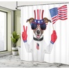 image:imageAmbesonne 4th of July Shower Curtain Funny Pet Dog with an Uncle Sam Hat Holding a Peace Sign and an American Flag Cloth Fabric Bathroom Decor Set with Hooks 69 W x 70 L Dark Blue Coral White