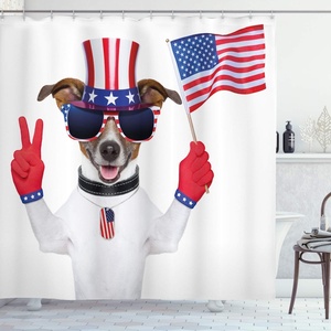 image:imageAmbesonne 4th of July Shower Curtain Funny Pet Dog with an Uncle Sam Hat Holding a Peace Sign and an American Flag Cloth Fabric Bathroom Decor Set with Hooks 69 W x 70 L Dark Blue Coral White