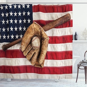 image:imageAmbesonne Baseball Shower Curtain Vintage Baseball League Equipment USA Grunge Glove Bat Fielding Sports Theme Cloth Fabric Bathroom Decor Set with Hooks 69 W x 70 L Brown Red Blue