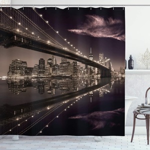 image:imageAmbesonne Landscape Shower Curtain Brooklyn Bridge Sunset NYC View Skyline Tourist Attraction Modern City Cloth Fabric Bathroom Decor Set with Hooks 69 W x 70 L Pale Brown Dried Rose