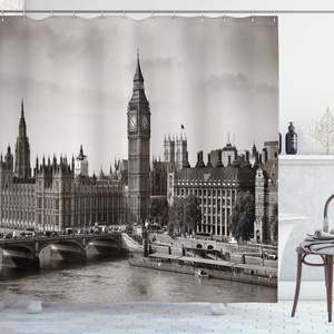 image:imageAmbesonne London Shower Curtain Westminster Big Ben and Bridge Nostalgic Image British Antique Architecture Cloth Fabric Bathroom Decor Set with Hooks 69 W x 70 L Sepia White