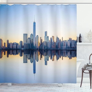 image:imageAmbesonne NYC Shower Curtain Manhattan Skyline with Freedom Tower Reflection on Water Shore Urban Scenery Photo Cloth Fabric Bathroom Decor Set with Hooks 69 W x 84 L Multicolor Blue