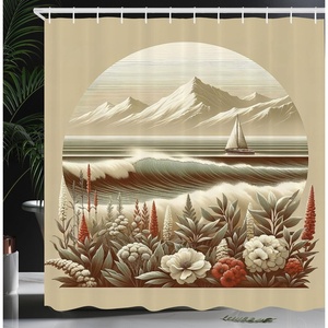 image:imageAmbesonne Nautical Shower Curtain Sailboat Against Crashing Waves in Exotic Seas Flowers Mountains Cloth Fabric Bathroom Decor Set with Hooks 69 W x 75 L Cadet Blue and Dark PinkGrey Yellow Dark Salmon