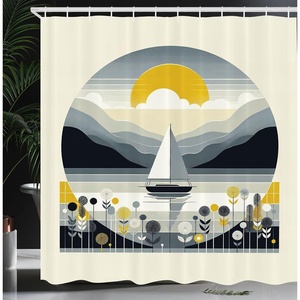 image:imageAmbesonne Nautical Shower Curtain Sailboat Against Crashing Waves in Exotic Seas Flowers Mountains Cloth Fabric Bathroom Decor Set with Hooks 69 W x 75 L Cadet Blue and Dark PinkBlue Grey and Earth Yellow