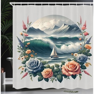 image:imageAmbesonne Nautical Shower Curtain Sailboat Against Crashing Waves in Exotic Seas Flowers Mountains Cloth Fabric Bathroom Decor Set with Hooks 69 W x 75 L Cadet Blue and Dark PinkTeal Salmon and Slate Blue