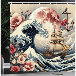 image:imageAmbesonne Nautical Shower Curtain Sailboat Against Crashing Waves in Exotic Seas Flowers Mountains Cloth Fabric Bathroom Decor Set with Hooks 69 W x 75 L Cadet Blue and Dark PinkBlue Pink Eggshell