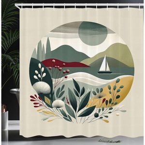 image:imageAmbesonne Nautical Shower Curtain Sailboat Against Crashing Waves in Exotic Seas Flowers Mountains Cloth Fabric Bathroom Decor Set with Hooks 69 W x 75 L Cadet Blue and Dark PinkSage Green