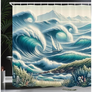 image:imageAmbesonne Nautical Shower Curtain Sailboat Against Crashing Waves in Exotic Seas Flowers Mountains Cloth Fabric Bathroom Decor Set with Hooks 69 W x 75 L Cadet Blue and Dark PinkReseda Green Teal and Blue