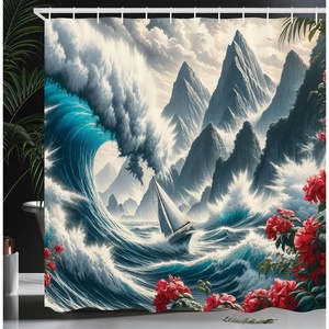 image:imageAmbesonne Nautical Shower Curtain Sailboat Against Crashing Waves in Exotic Seas Flowers Mountains Cloth Fabric Bathroom Decor Set with Hooks 69 W x 75 L Cadet Blue and Dark PinkCadet Blue and Dark Pink