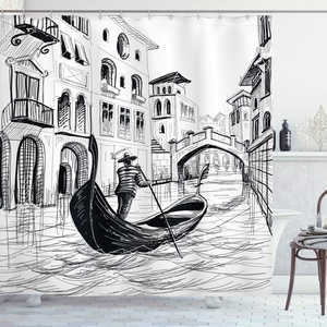 image:imageAmbesonne Sketchy Shower Curtain Gondola in Venice European Famous Canal History Mediterranean Holiday Image Cloth Fabric Bathroom Decor Set with Hooks 69 W x 70 L Black and White