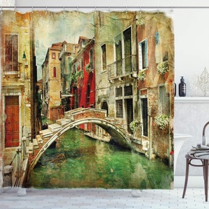 image:imageAmbesonne Venice Shower Curtain Vintage Art Painting Style Historic Venetian Landscape Print Cloth Fabric Bathroom Decor Set with Hooks 69 W x 84 L Green Red Pale Brown