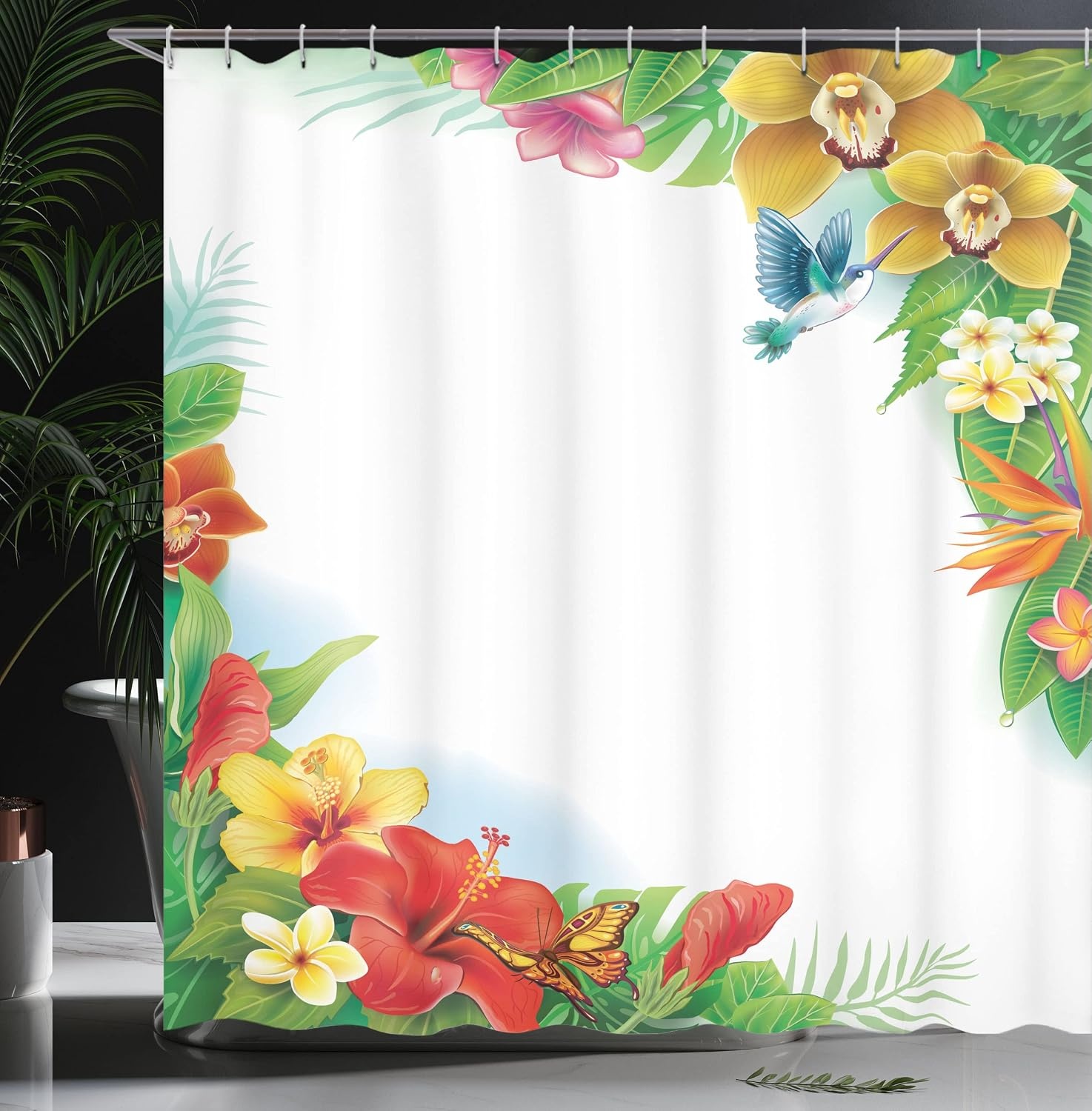 image:imageAmbesonne Hummingbirds Shower Curtain Tropical Flowers and Leaves Natural Foliage Vibrant Color Exotic Rainforest Cloth Fabric Bathroom Decor Set with Hooks 69 W x 70 L Soft Blue Coral GreenSoft Blue Coral Green